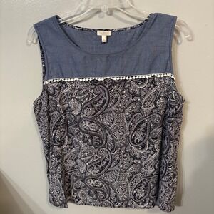 Talbots Black White Paisley Tank Top‎ Blue Chambray Blouse (Large Petite)